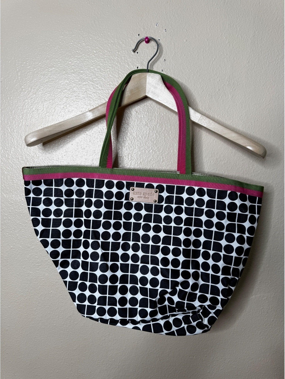 Kate Spade New York Black White Geometric Print Nylon Tote Bag Pink Green Trim